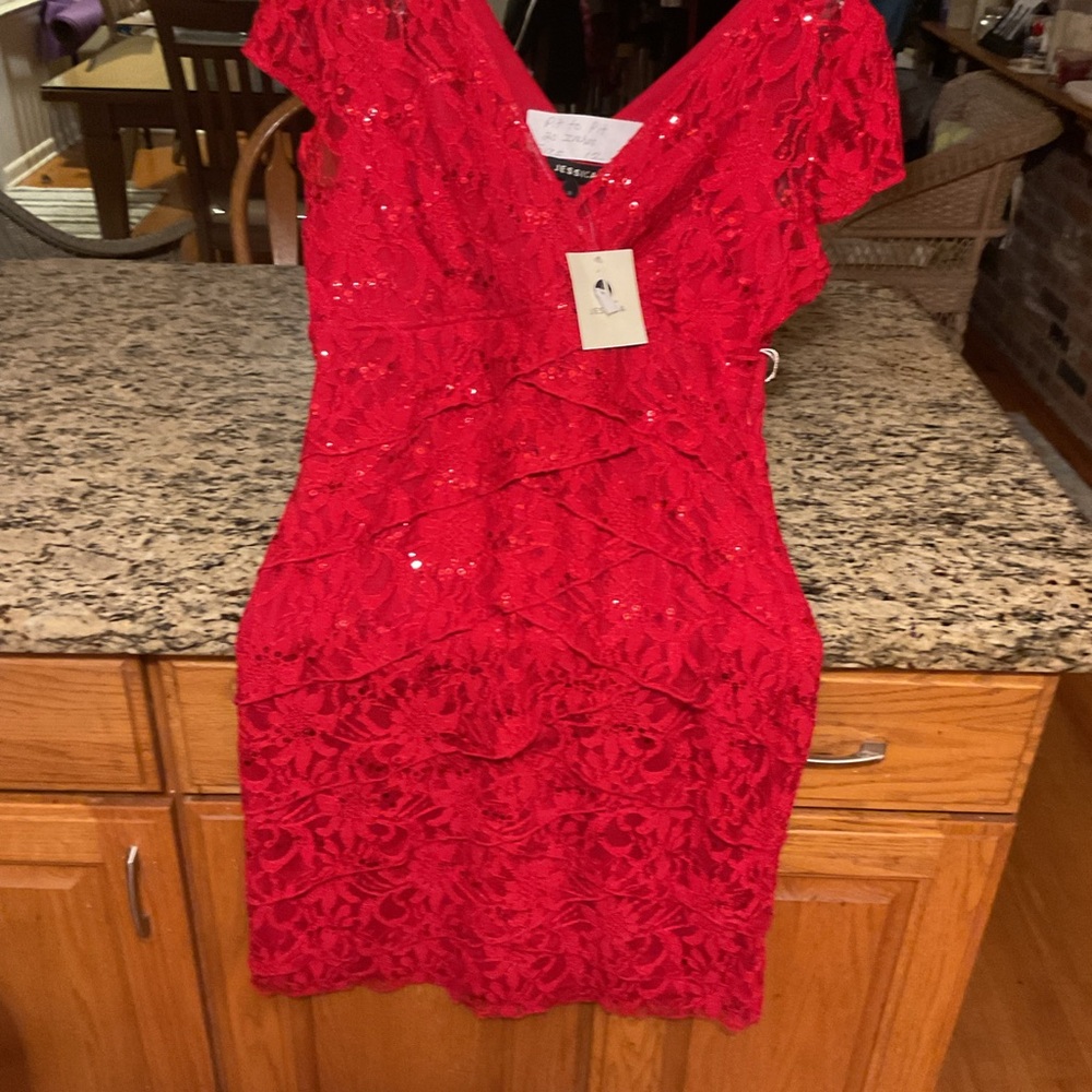 Red Lace Tiered Cap-Sleeve Dress light sequin accents